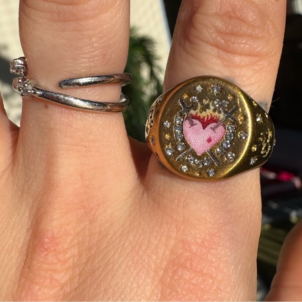 Hand painted Gold plated pink heart on fire micro pave ring